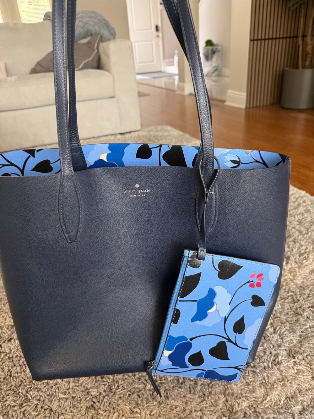 kate spade navy leather tote with blue floral pouch